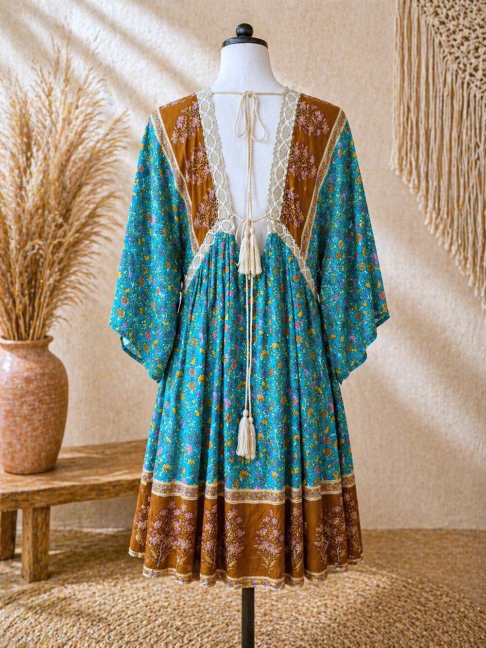Boho Floral Lace Trim Dress, Teal Rust Print, Cottagecore, GiGiO Brand, Size S - Picture 6 of 11